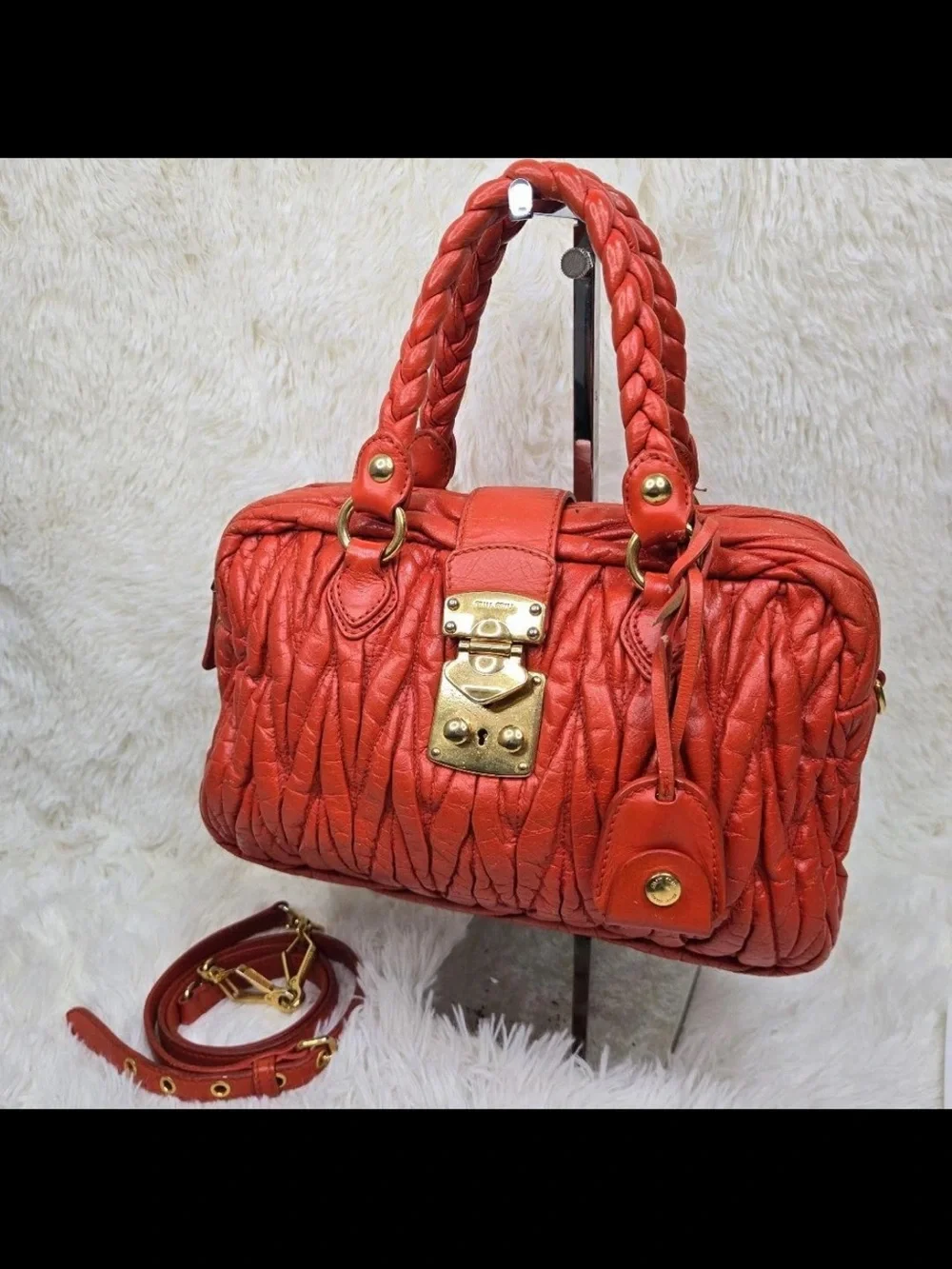 Miu Miu Quilted Orange Satchel with Gold Hardware